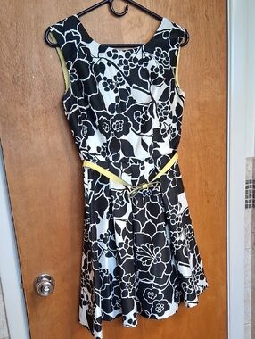 The Limited Black & White Floral Dress with Yellow Belt